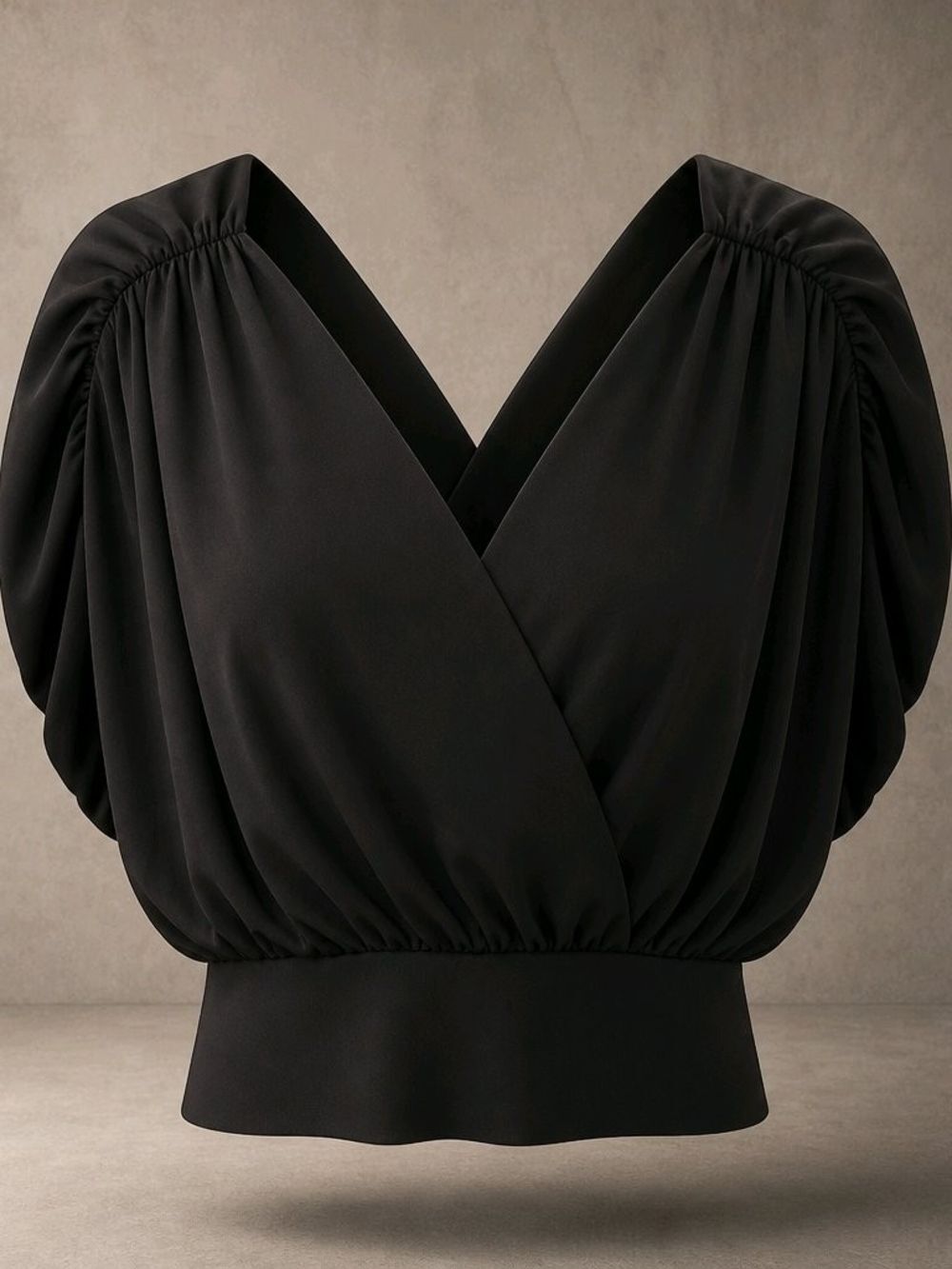 Black V-Neck Puff Sleeve Women's Blouse